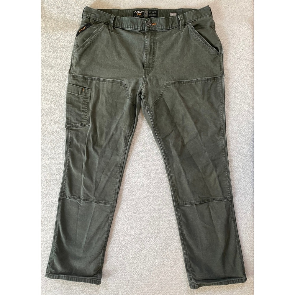 Ariat Mens 38x32 Rebar M4 Relaxed Straight Work Pants Olive Green Canvas Hole